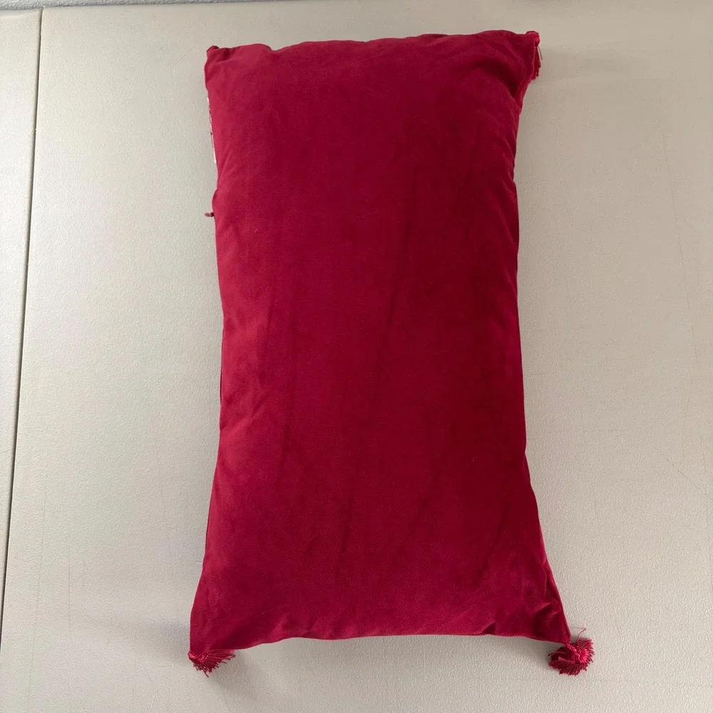 Burgundy Red Velvet Snowflake Lumbar Pillow Silver Metal Tassels 20x12 Holiday